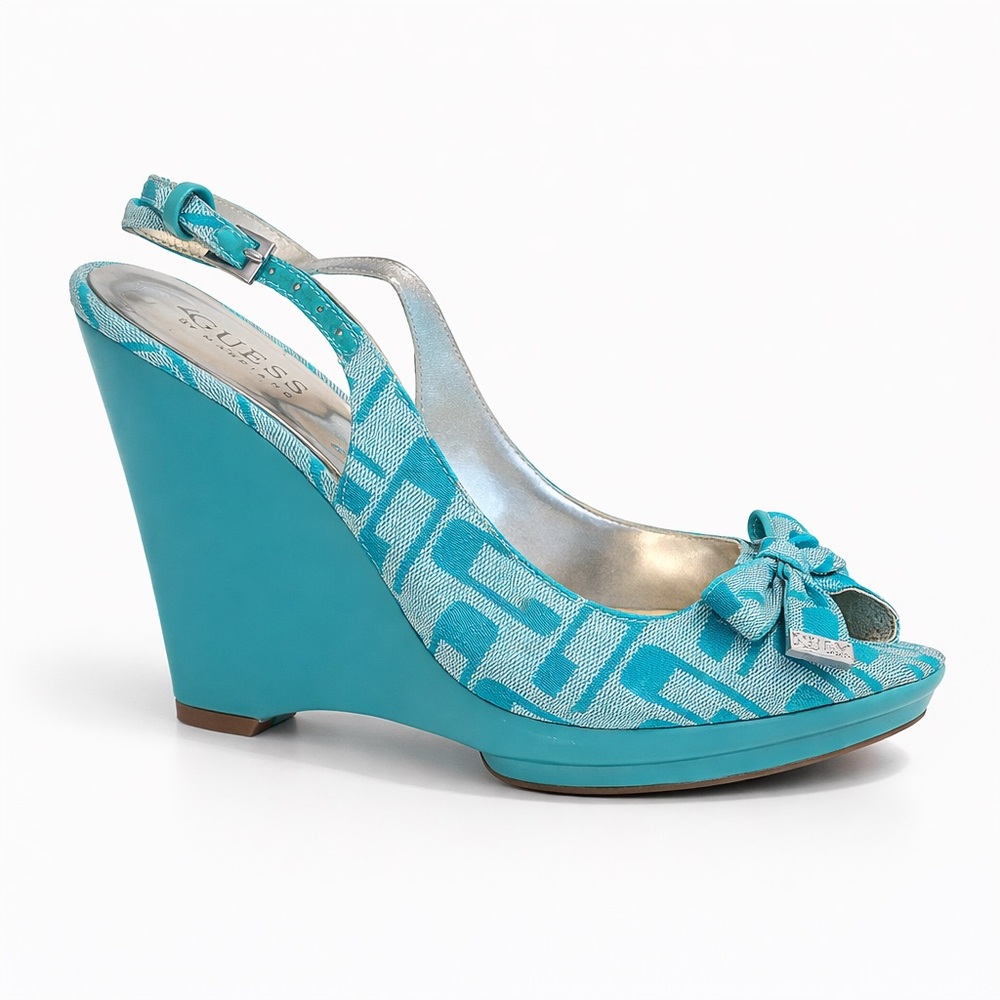 GUESS Y2K Logo Print Wedge Sandals Turquoise Slingback Heels
